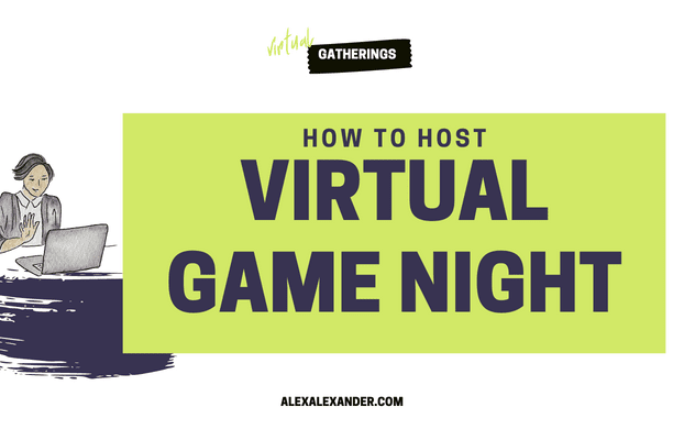 Promotional Graphic for How to Host Virtual Game Night. Illustration on the left of a woman with dark short hair looking at a computer screen and waving.