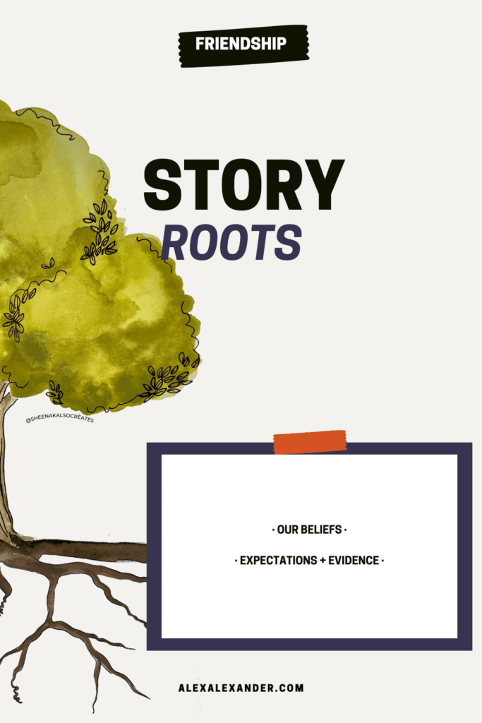 Promotional Image for Blog Post. There is an illustration of a tree on the left. The title is "Story Roots." There is an illustration of a taped up piece of paper that says "Our Beliefs and Expectations + Evidence."