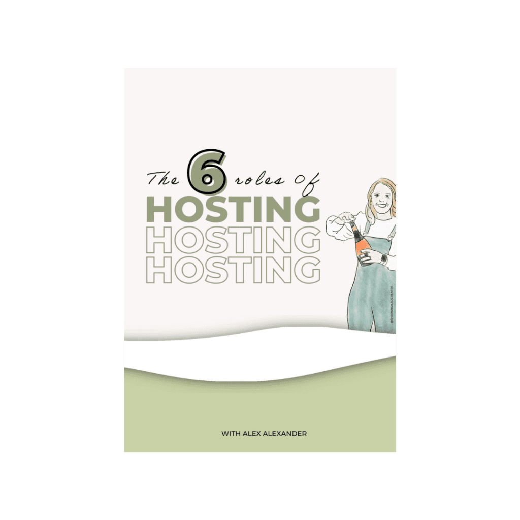 Cover of the E-Book "The 6 Roles of Hosting" featuring the title and an illustration of Alex Alexander popping a bottle of champagne