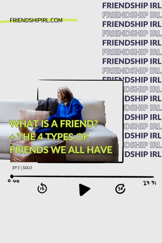 Episode 3 - "What is a Friend and the four types of friends we all have" URL for the podcast episode is written out "FriendshipIRL.com/Episode3". On the top there is a photo of a blonde woman sitting reclined on a white couch looking down at her phone. 