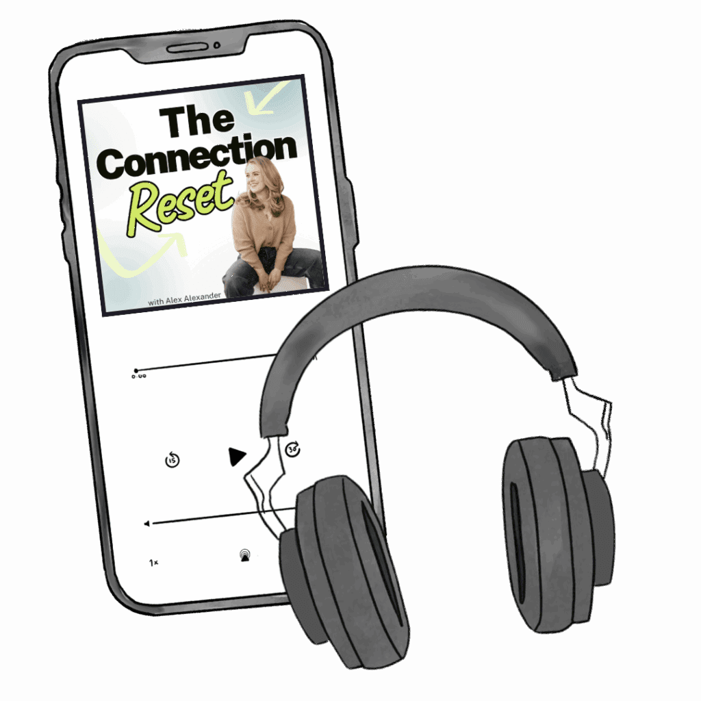 The Connection Reset — 10-day audio guide shown on a smartphone with headphones.