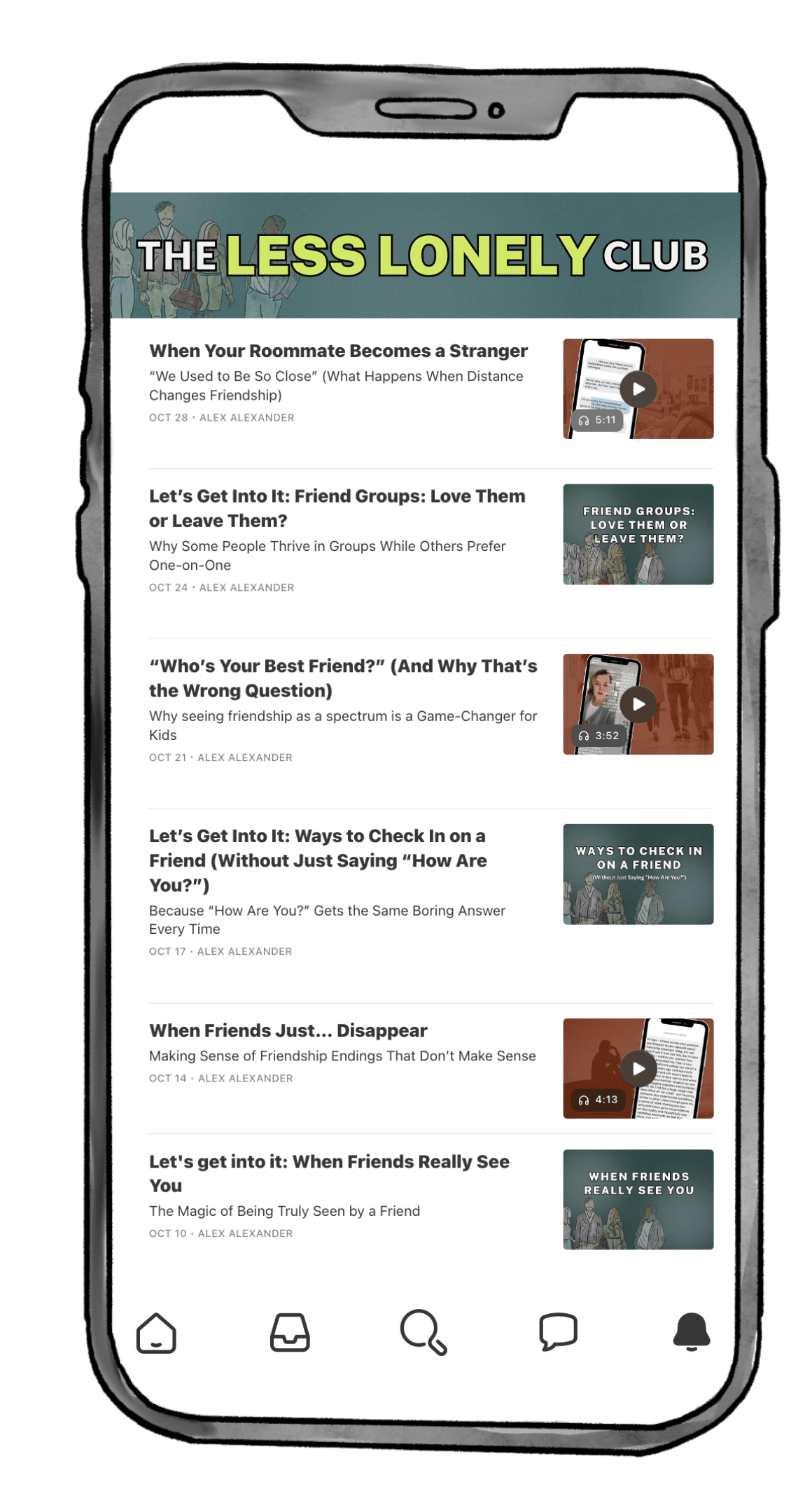 The Less Lonely Club brand illustration promoting Alex Alexander’s community support platform.