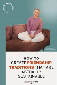 Blonde woman in purple sweatshirt sitting cross-legged on brown couch for Friendship IRL podcast episode about sustainable...