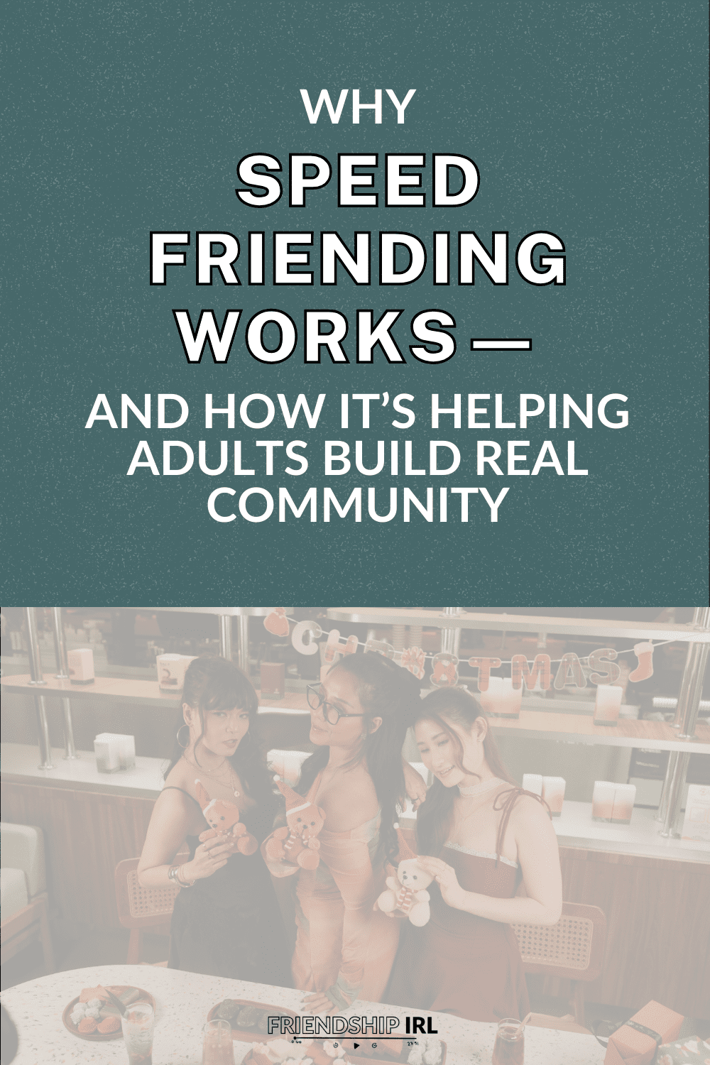 Three women sitting together at a cafe table with drinks, smiling and bonding during a speed friending event