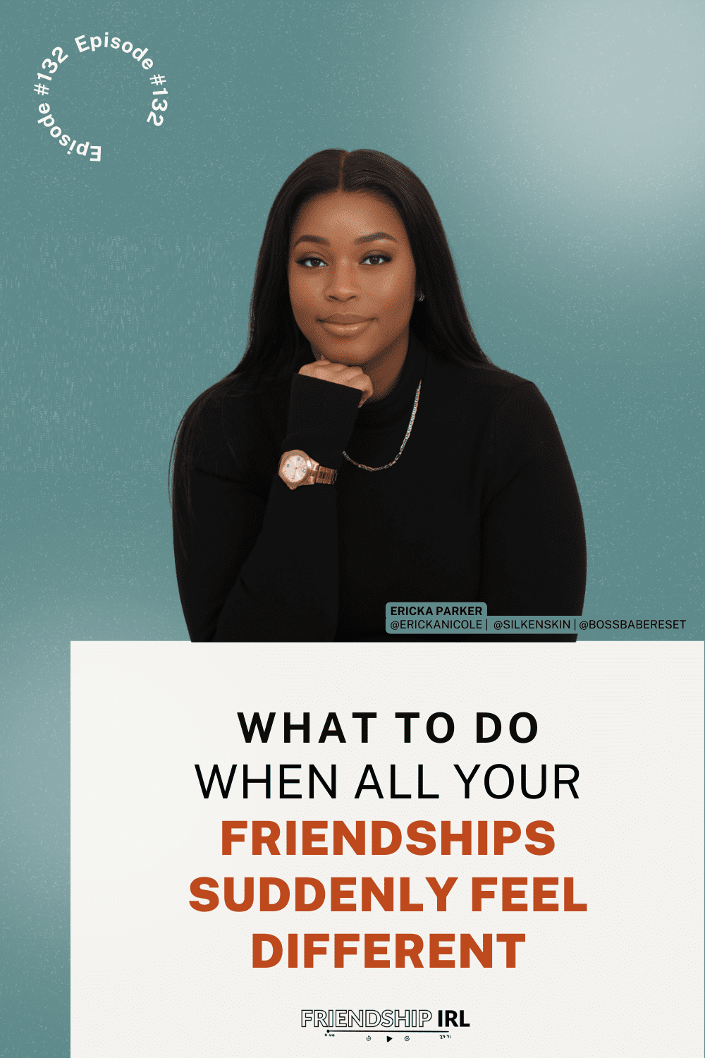 Professional woman in black sweater against teal background for Friendship IRL podcast episode about changing friendships
