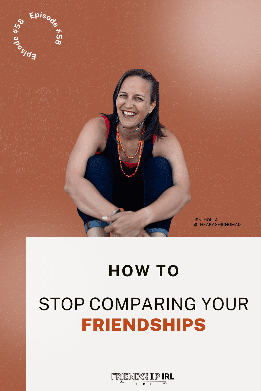 Smiling woman in colorful jewelry sitting against orange wall for Friendship IRL podcast episode about stopping friendship...