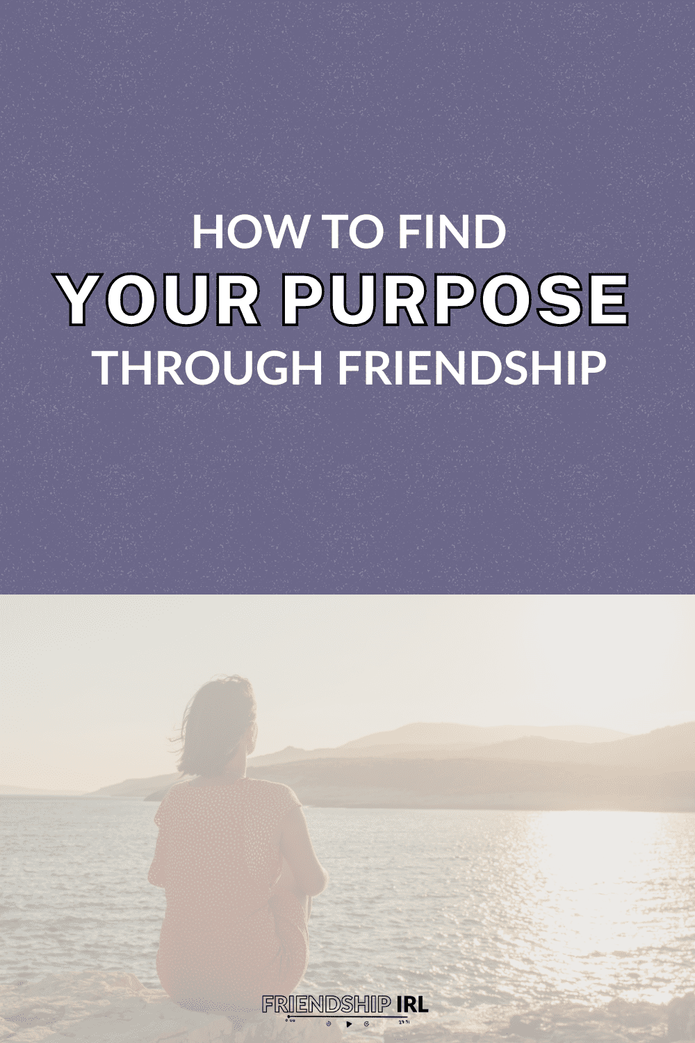 Person sitting alone by water at sunset with purple sky overlay text 