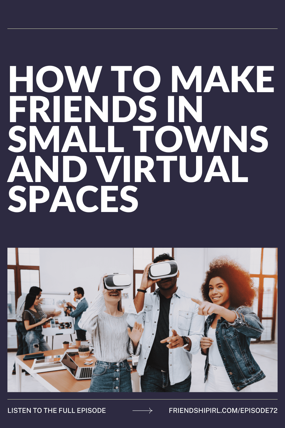 Three diverse young people wearing VR headsets in modern office space, with title