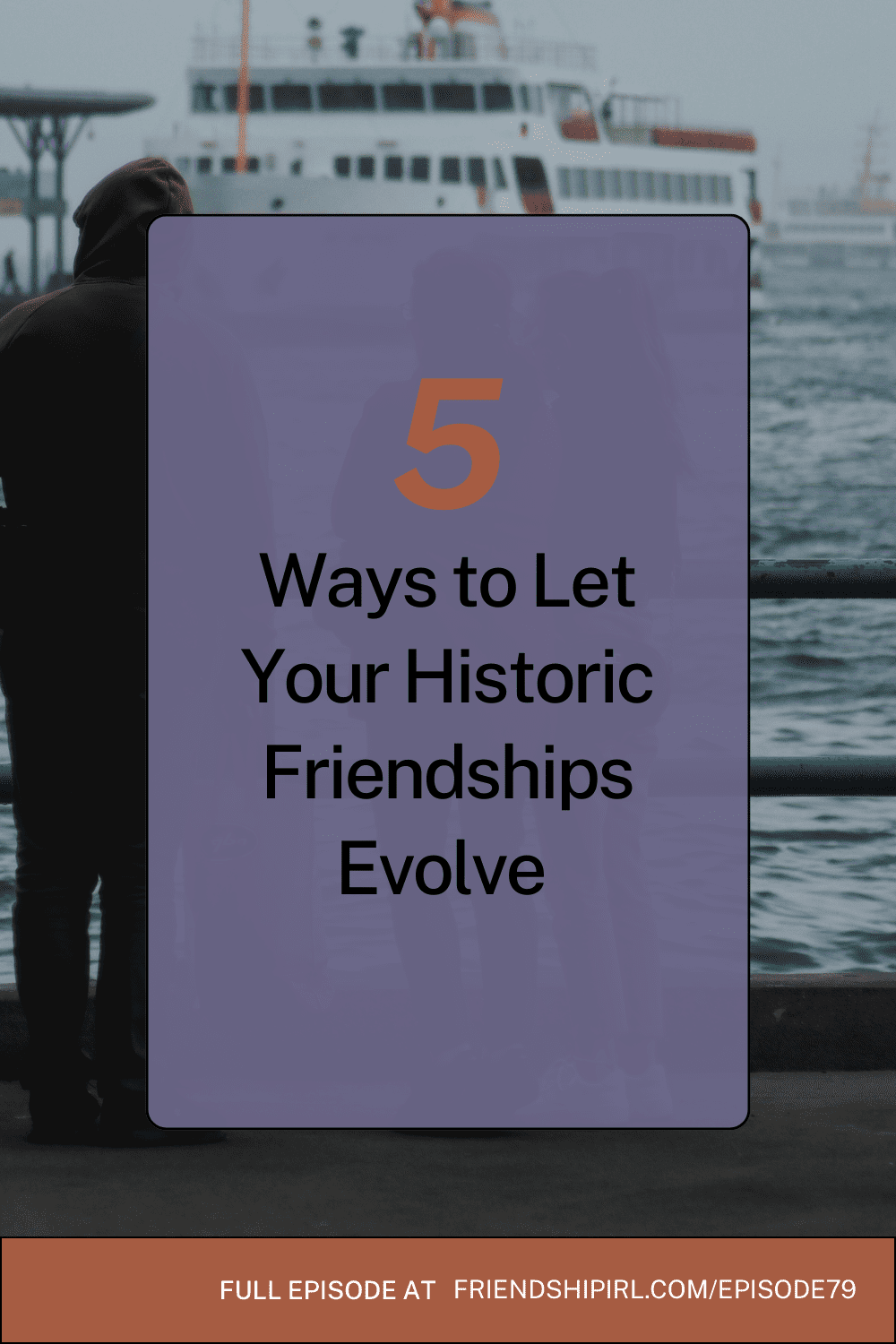 Person sitting by water with ferry boat in background, text overlay 