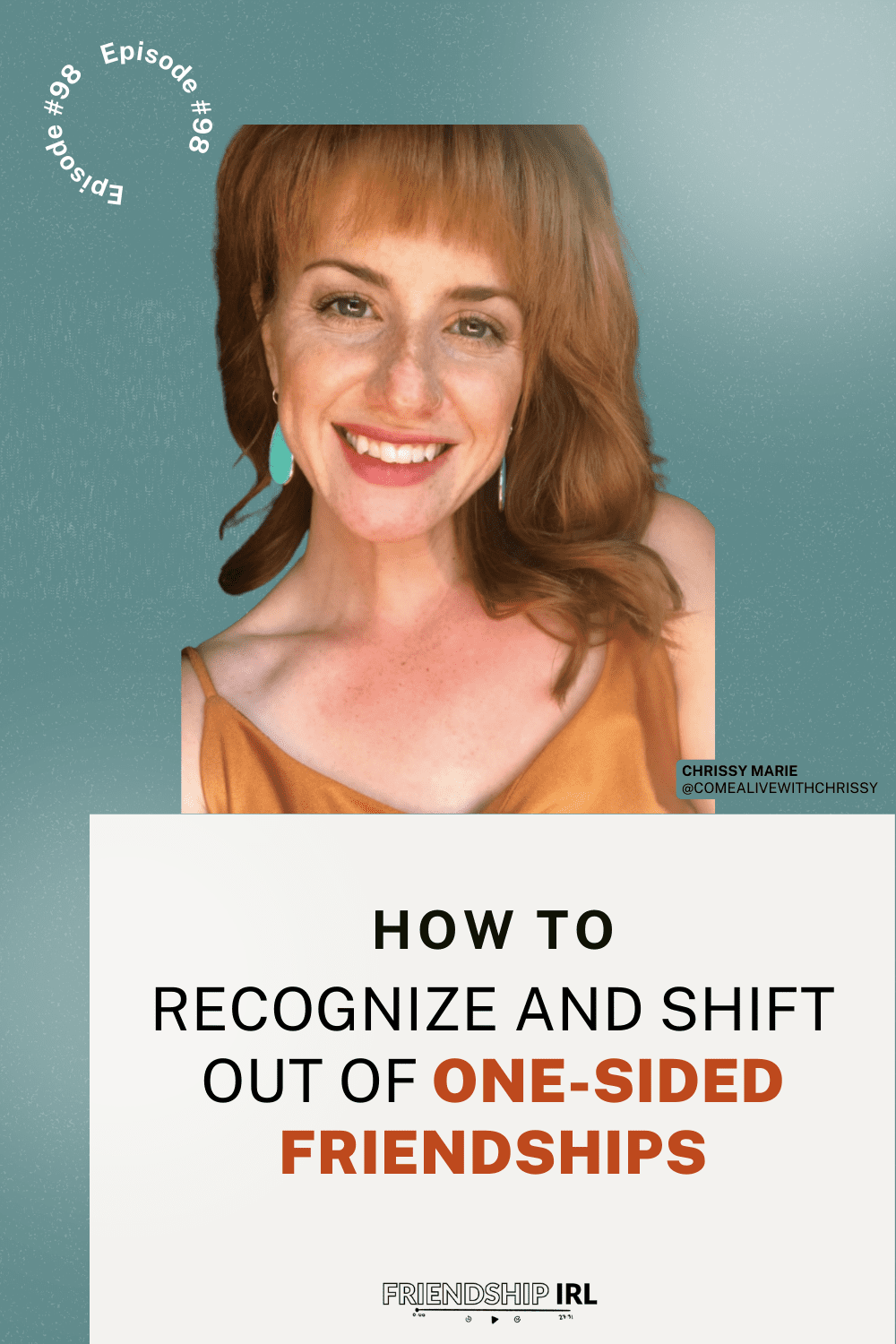 Woman with blonde hair and orange top smiling at camera for Friendship IRL podcast episode about one-sided friendships