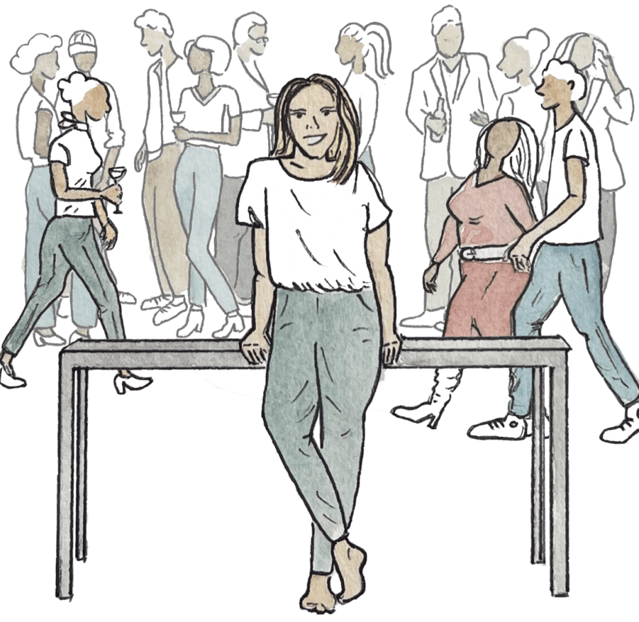 An illustration of Alex Alexander leaning against a table surrounded by people in the background depicting friendship